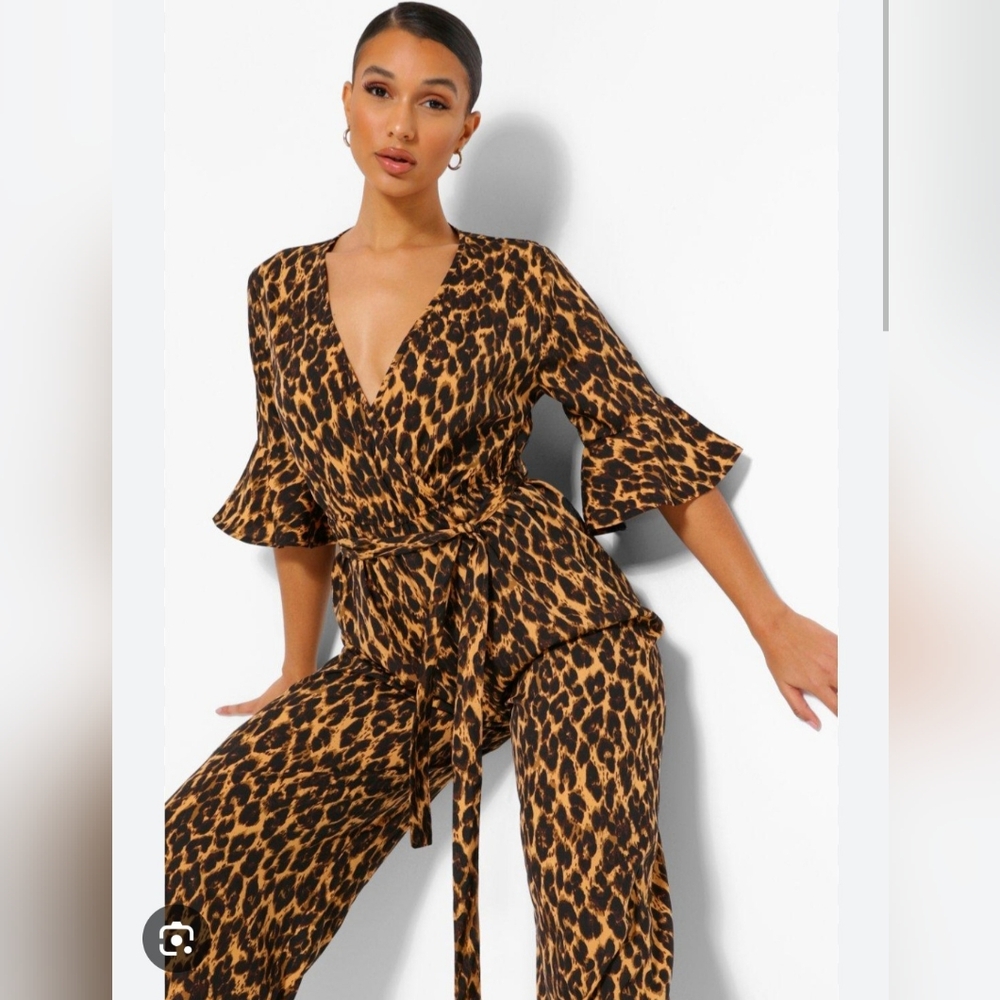 NEW Leopard Wrap Woven Wide Leg Jumpsuit